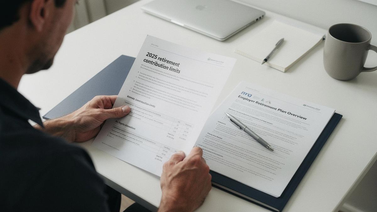 A saver comparing printed 2025 contribution limits against an employer match formula at a desk